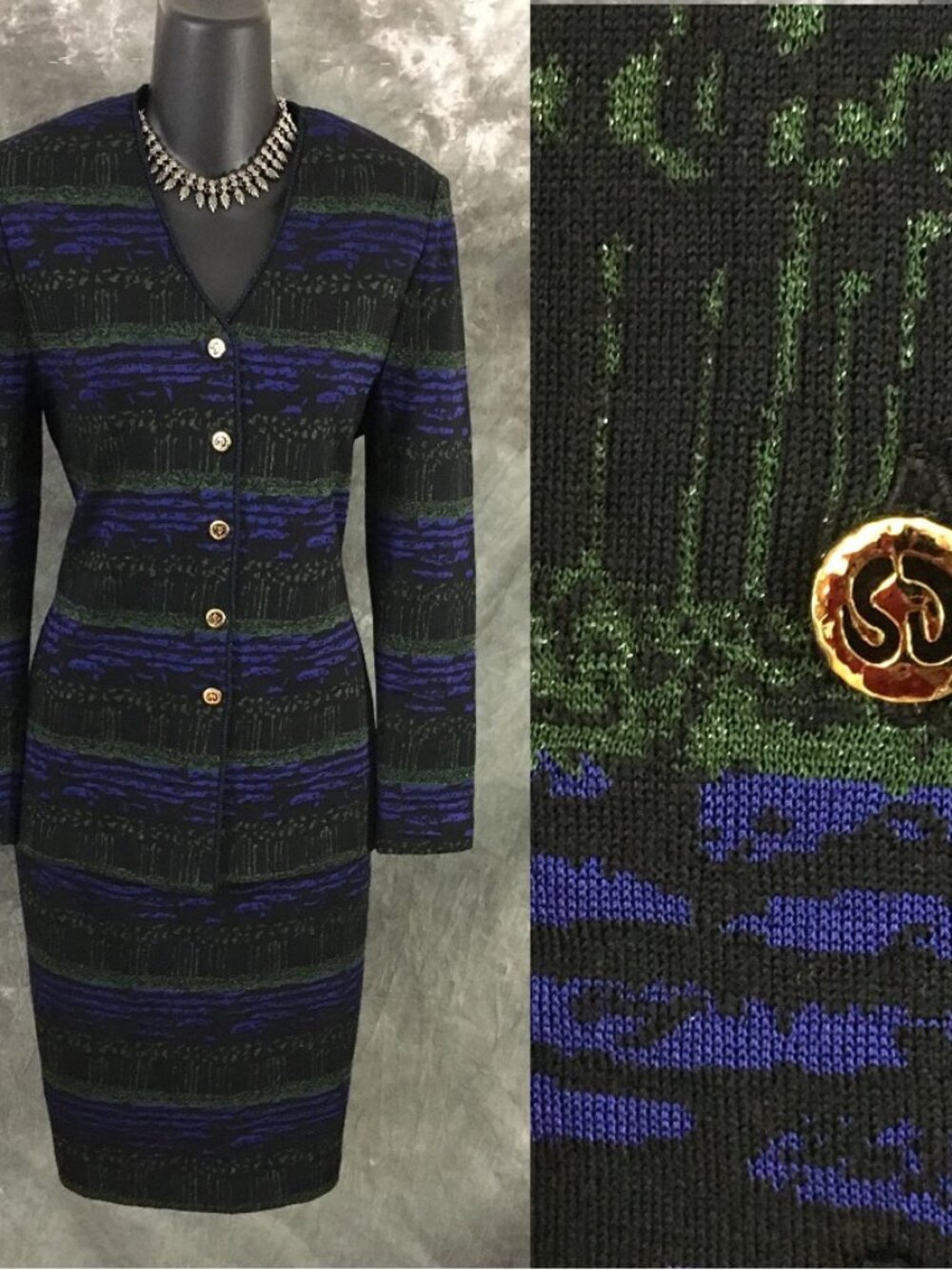 BEAUTIFUL St John collection knit blue black green multi jacket skirt suit 2